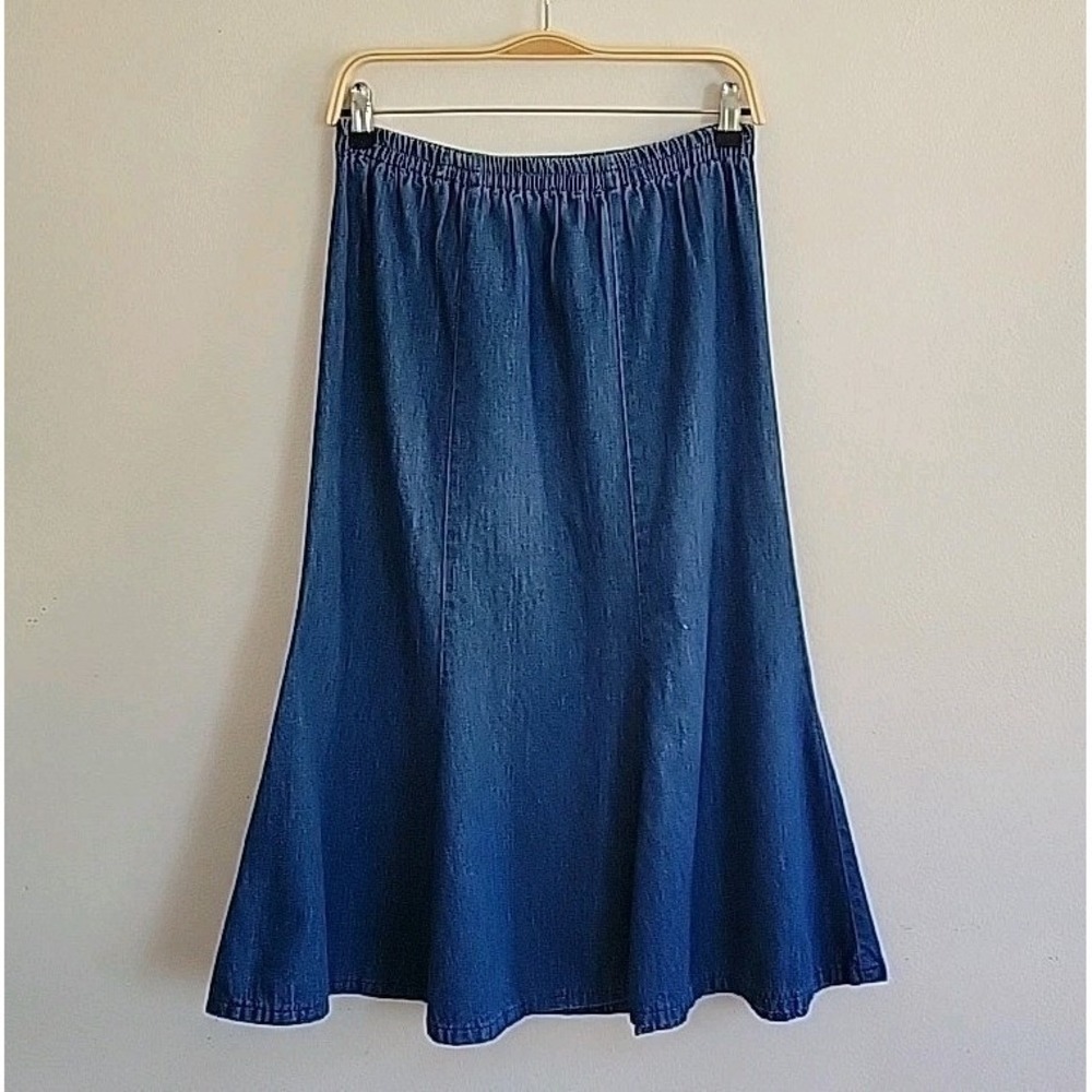 Vintage Denim Flare Midi Skirt Blue Medium Wash Cottagecore Preppy